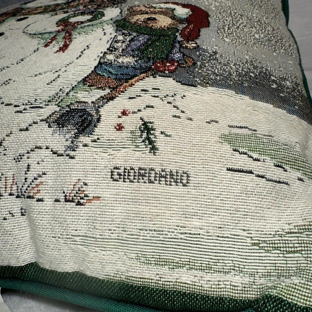 Vtg Riverdale Tapestry Snowman Pillow Bear Winter Christmas Giordana USA 16